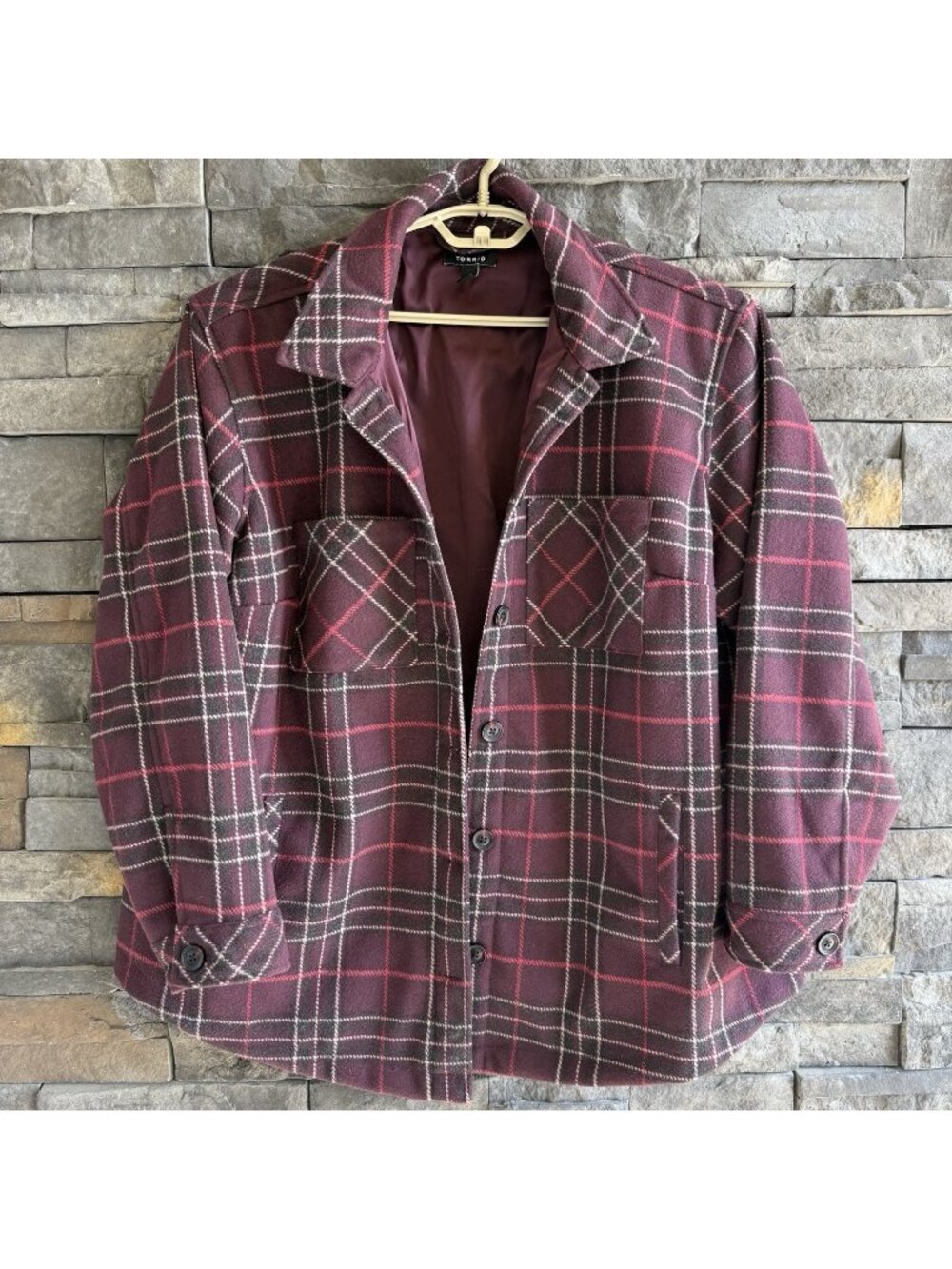 Torrid Shacket Jacket Plaid 4 Pockets Maroon Polyester Button Up Fully Lined 2X